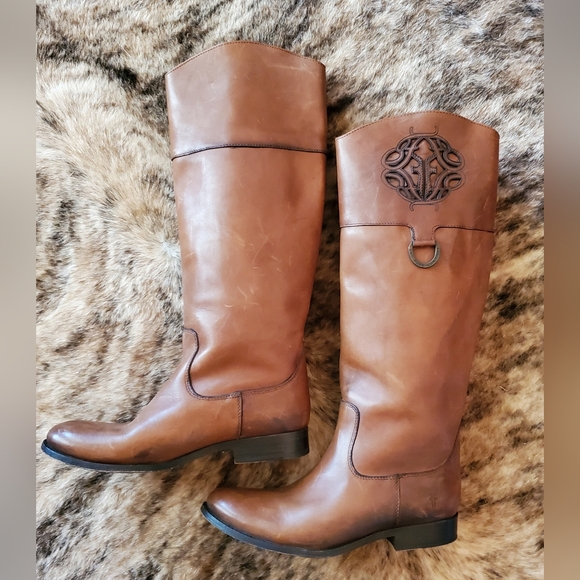 FRYE MELISSA LOGO KNEE HIGH LEATHER BOOTS 9.5B EEUC With BOX! - Picture 3 of 16